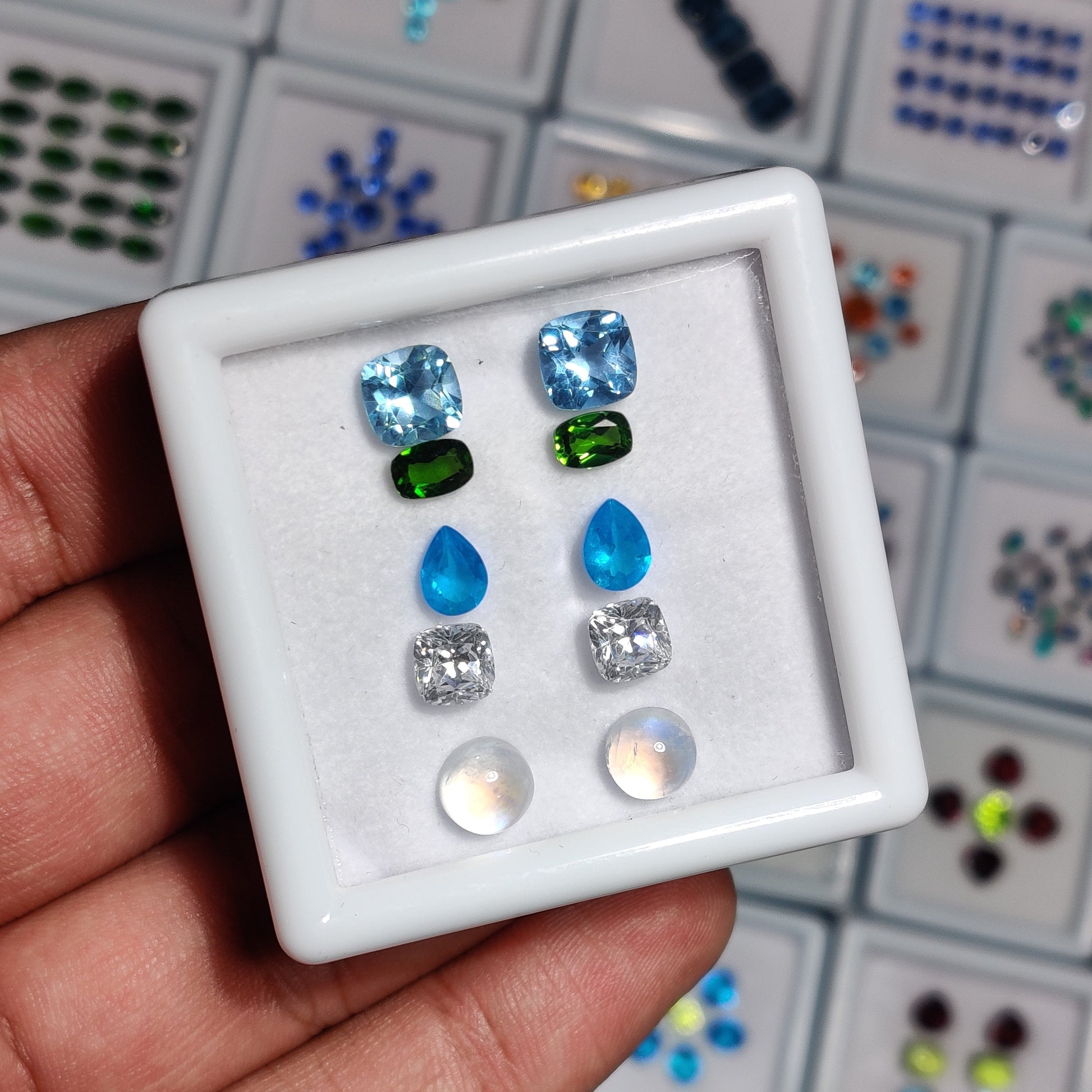 Chrome Diopside, Neon Apatite, Moissanite, Topaz & Rainbow Moonstone Cabochon Mix Paired Set