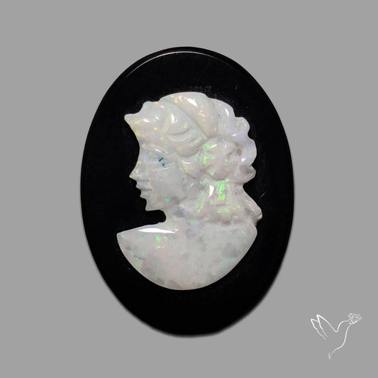 Australian Opal Woman Cameo Carving On Black Onyx
