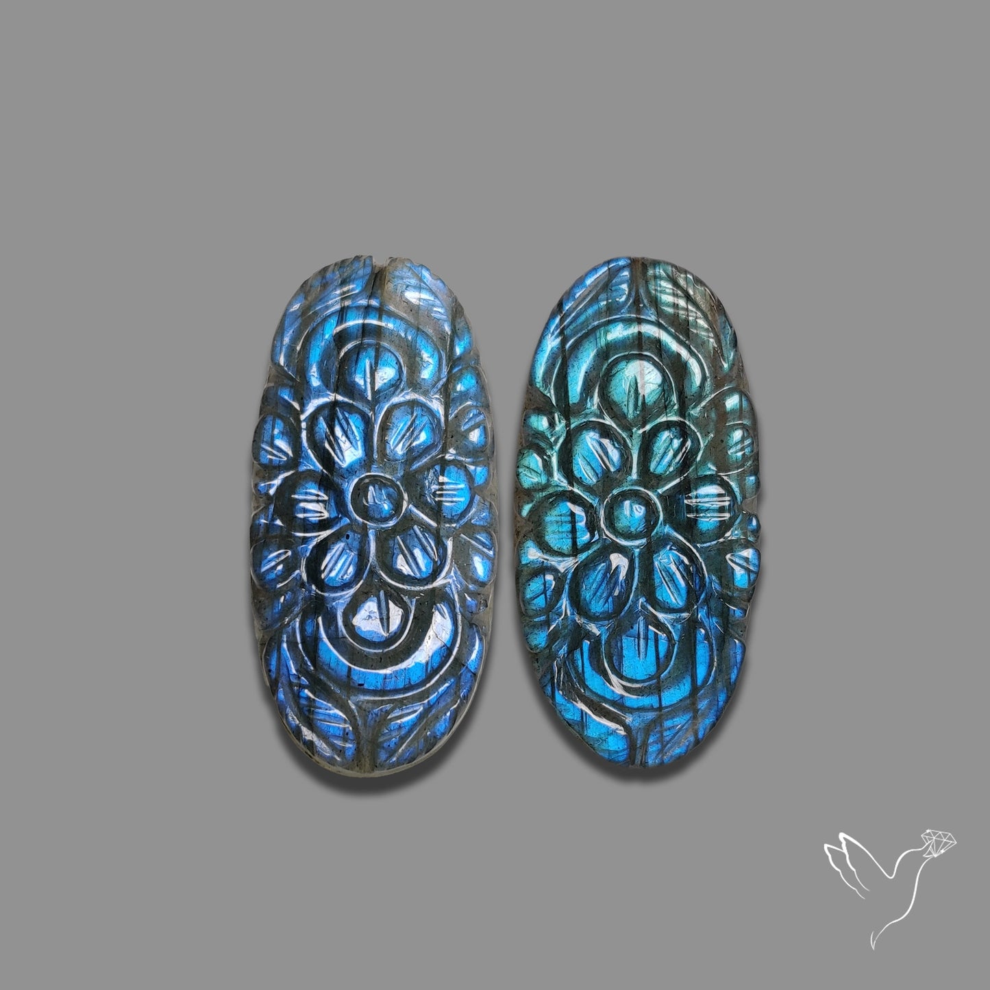 Blue Labradorite Mughal Carving Pair