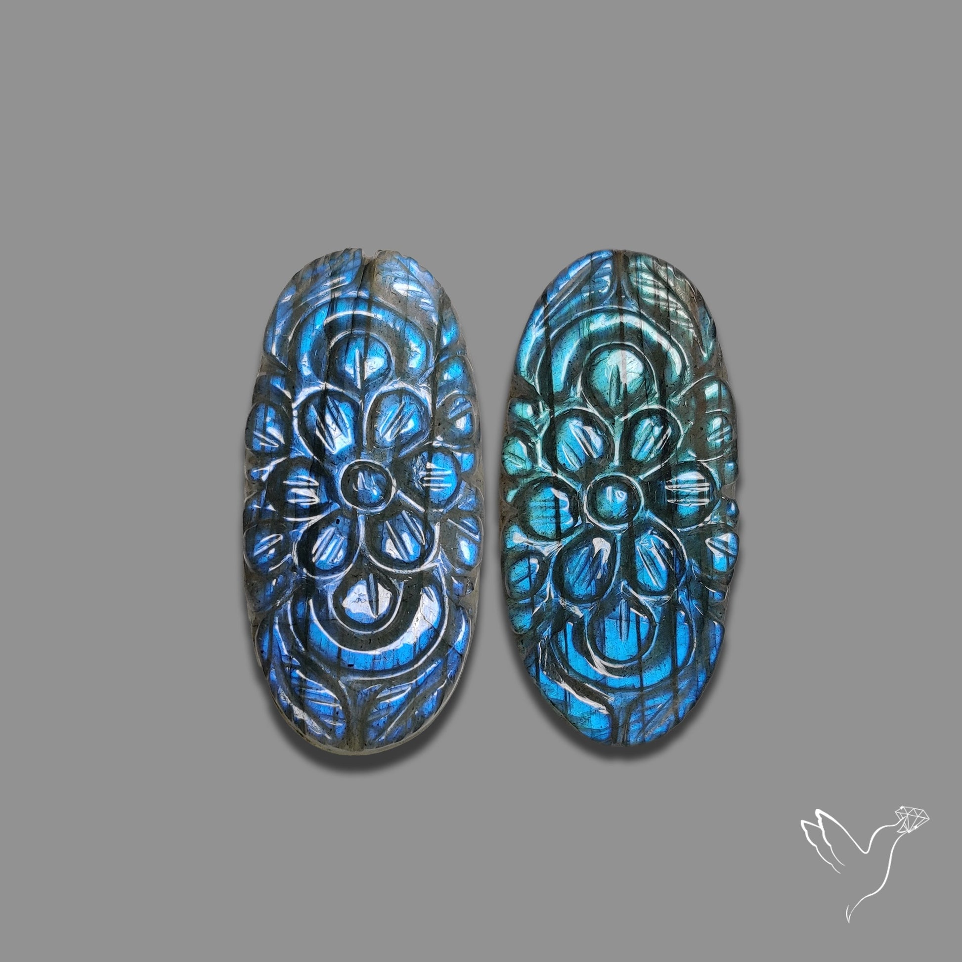 Blue Labradorite Mughal Carving Pair