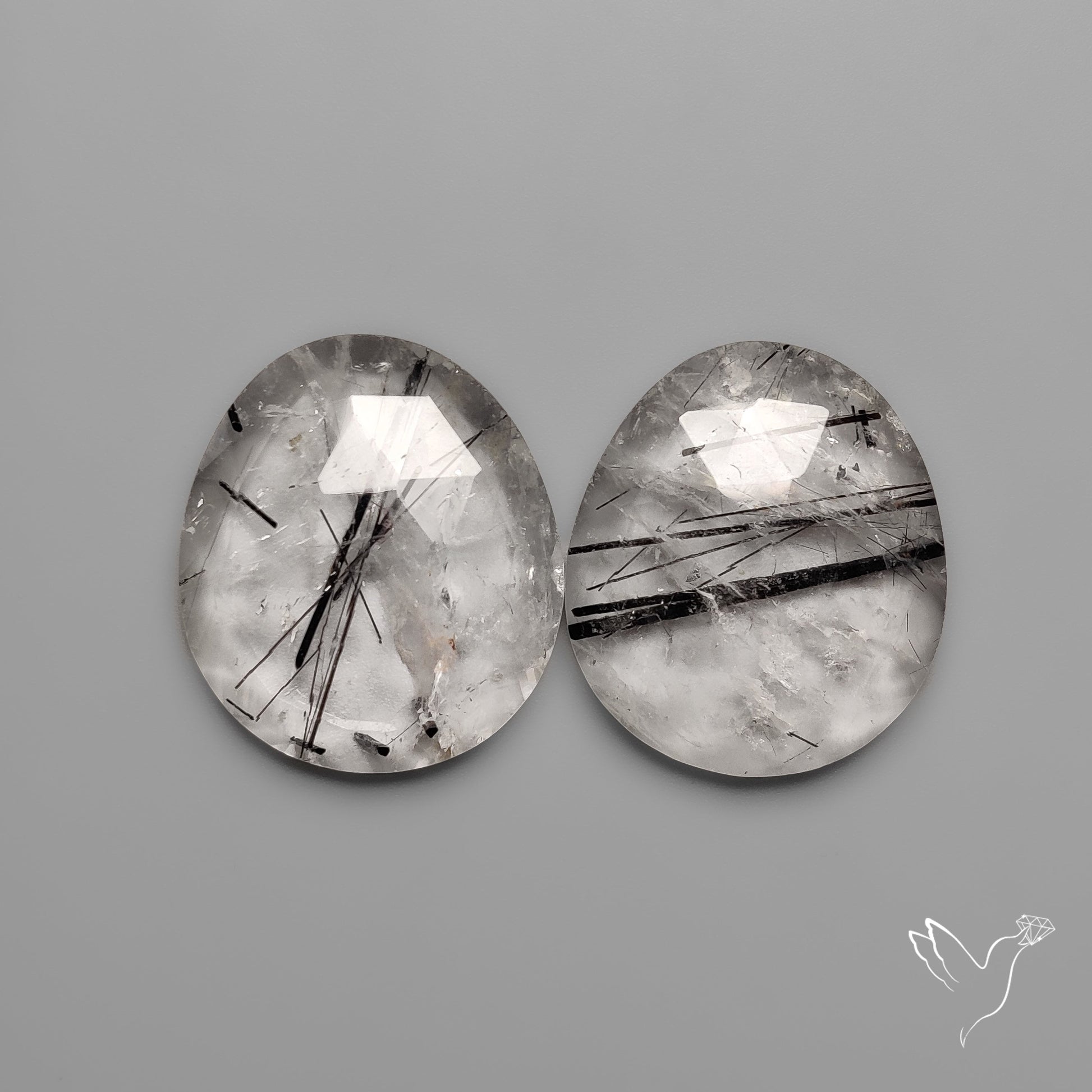 Rose Cut Black Tourmaline in Quartz Pair