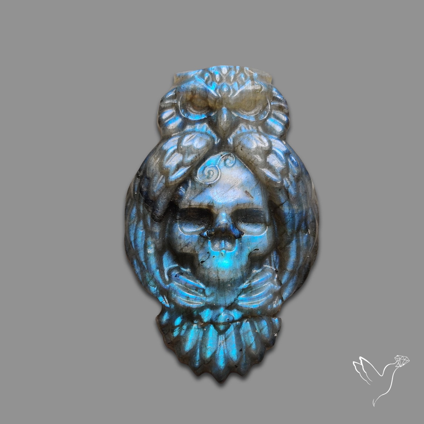 Buy Blue Labradorites Owl with Skull Carving Precision Handcarved N46670 Online at GemstonesForSale