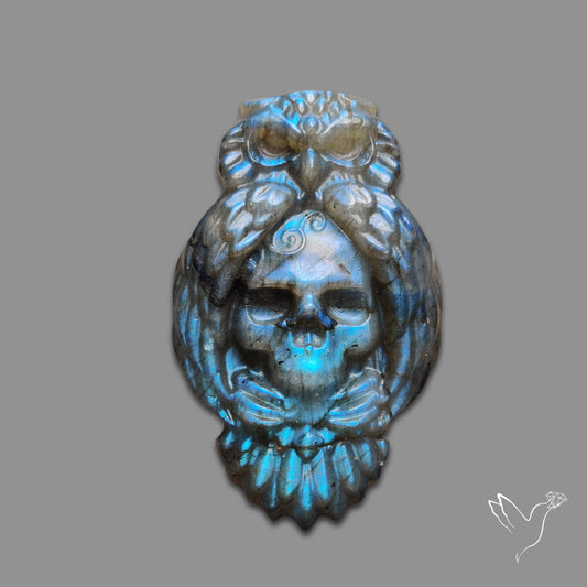 Buy Blue Labradorites Owl with Skull Carving Precision Handcarved N46670 Online at GemstonesForSale