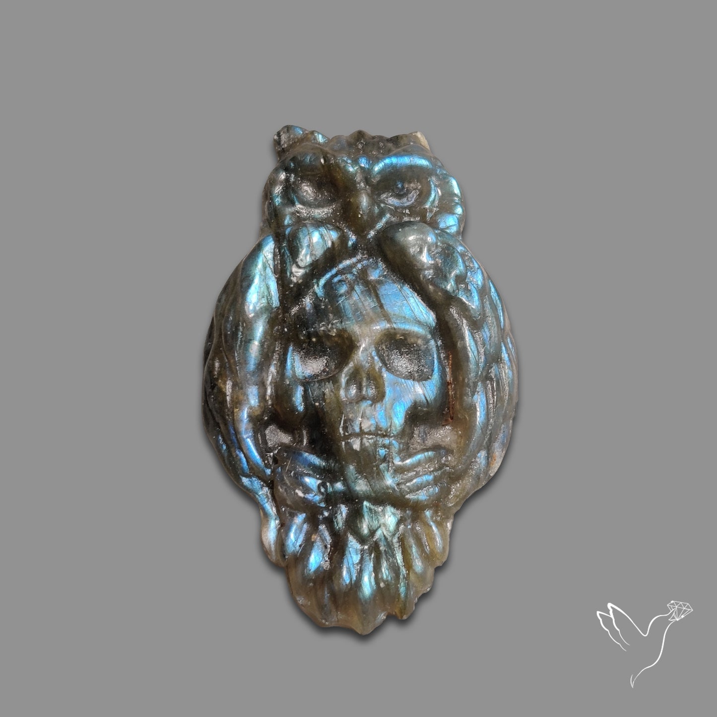 Buy Blue Labradorites Owl with Skull Carving Precision Handcarved N46672 Online at GemstonesForSale