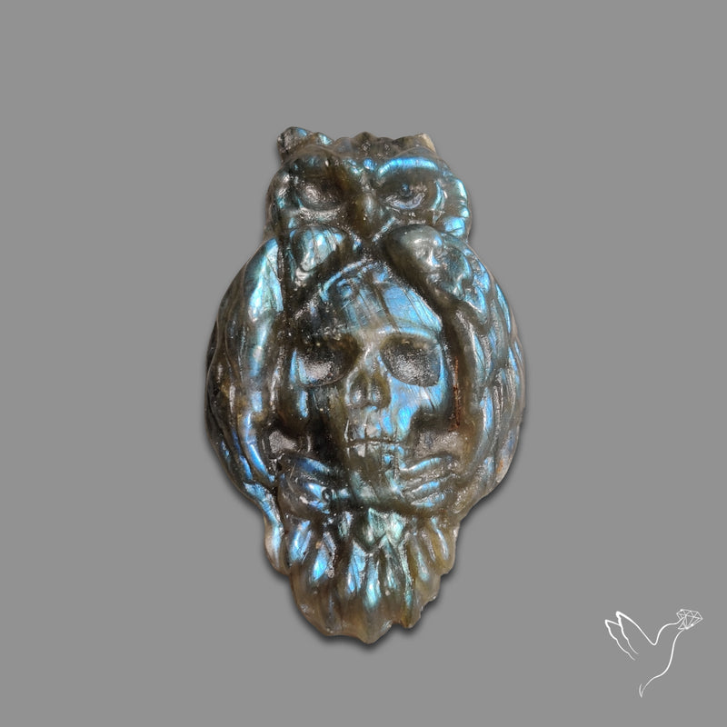 Blue Labradorites Owl with Skull Carving Precision Handcarved