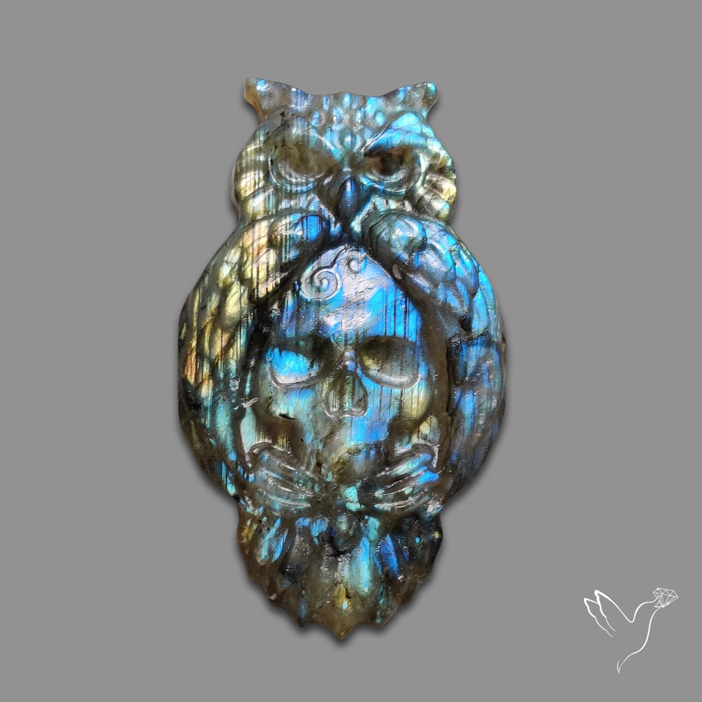 Buy Blue Labradorites Owl with Skull Carving Precision Handcarved N46677 Online at GemstonesForSale