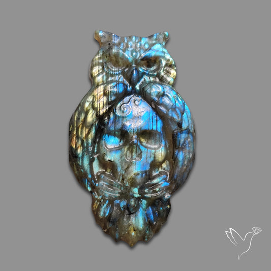 Buy Blue Labradorites Owl with Skull Carving Precision Handcarved N46677 Online at GemstonesForSale