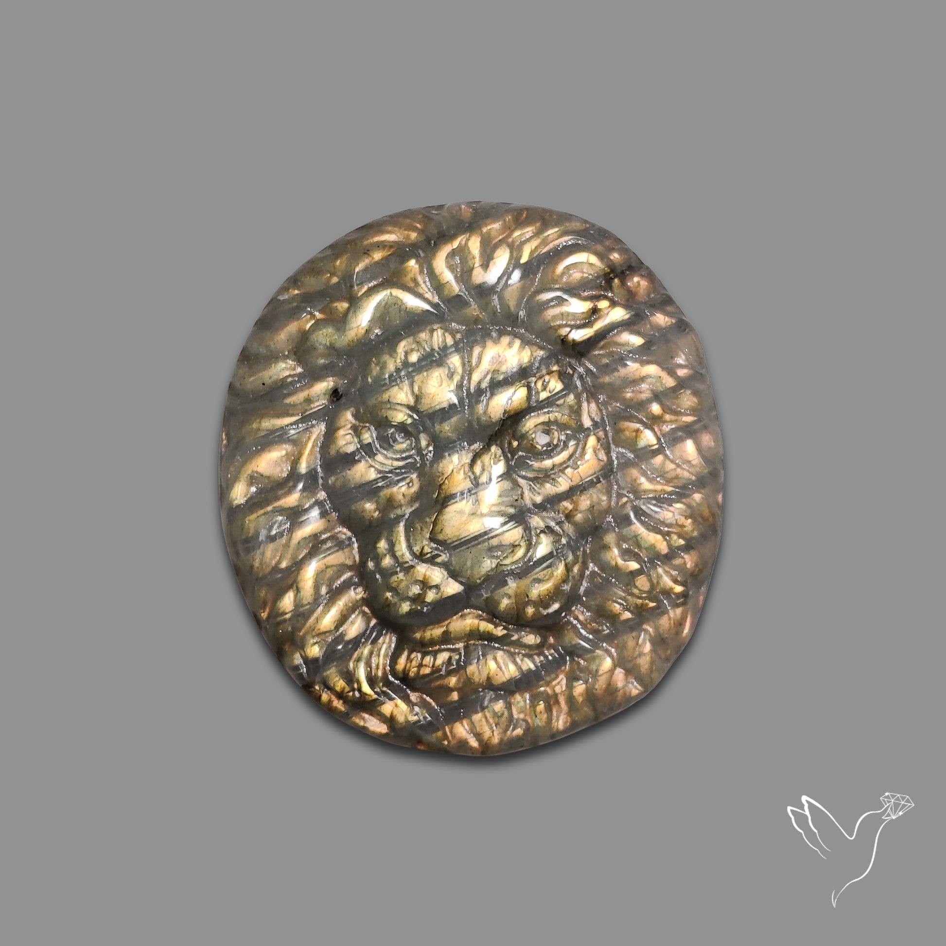 Buy Golden Labradorites Lion Face Carving Precision Handcarved N46678 Online at GemstonesForSale