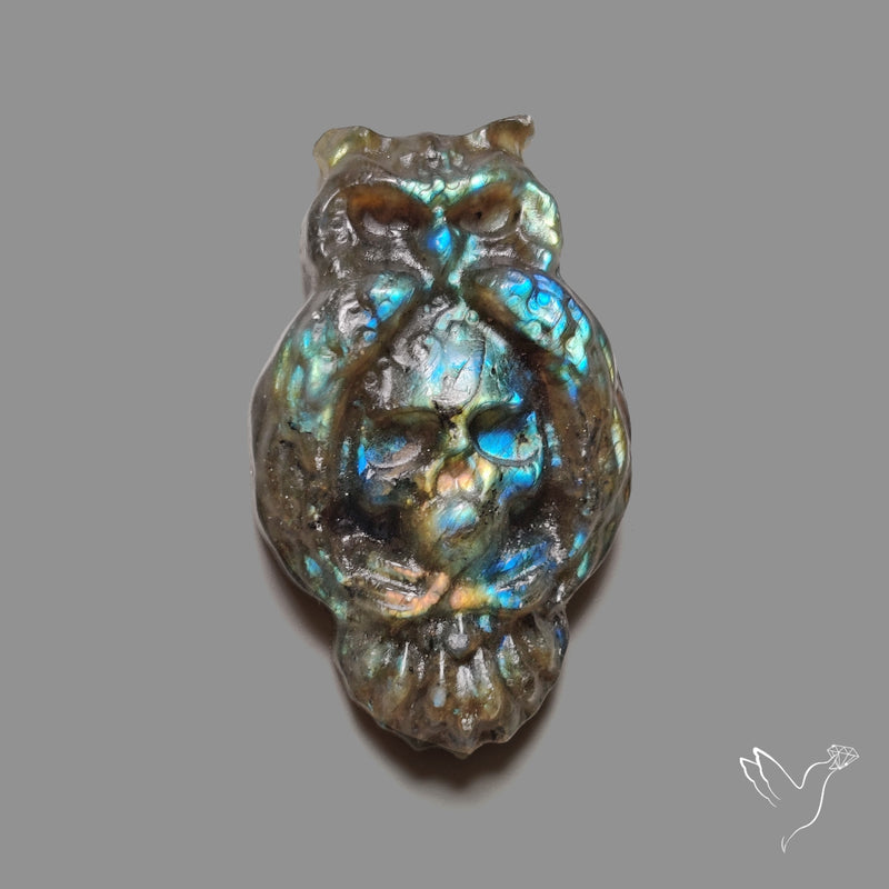 Blue Labradorites Owl with Skull Carving Precision Handcarved
