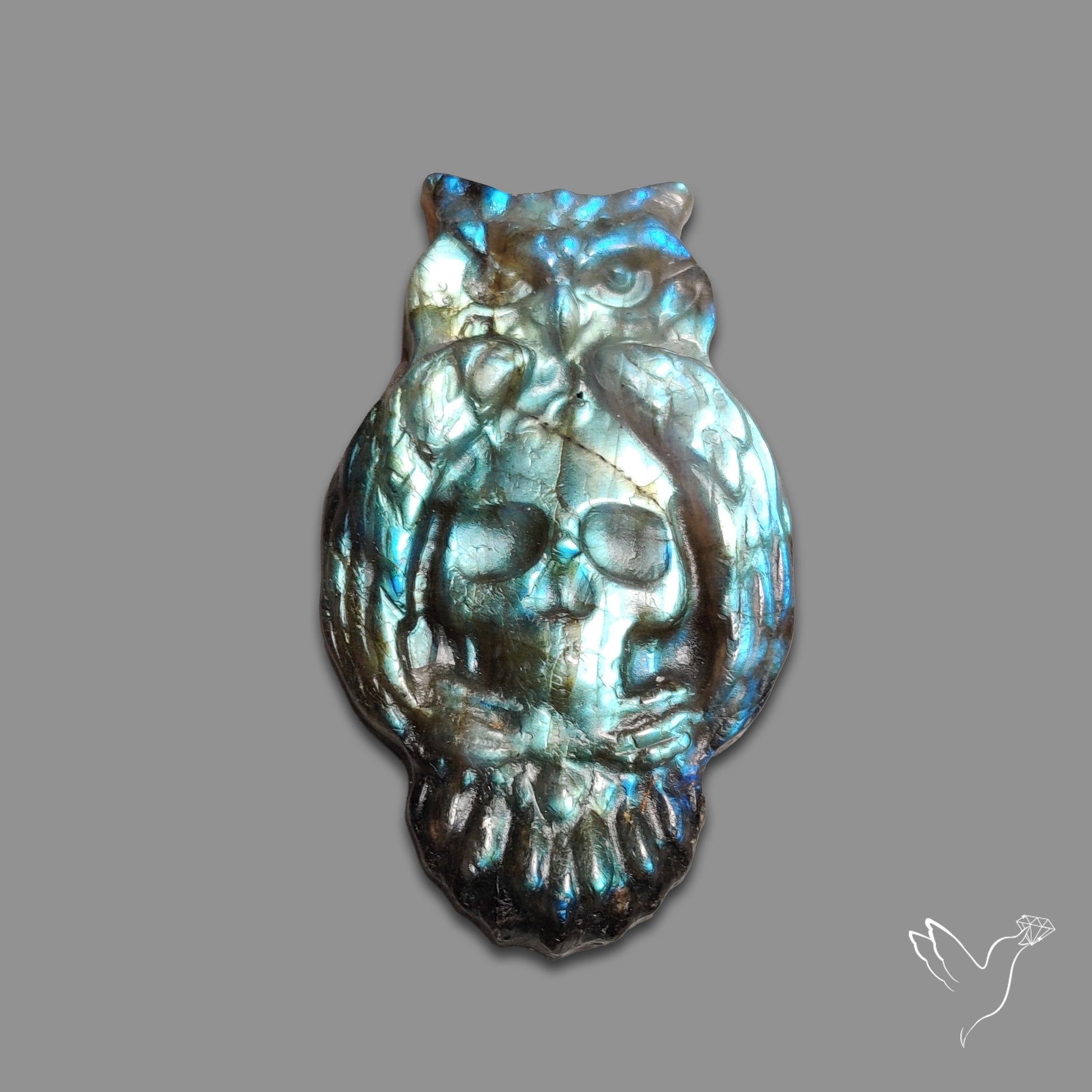 Buy Blue Labradorites Owl with Skull Carving Precision Handcarved N46688 Online at GemstonesForSale