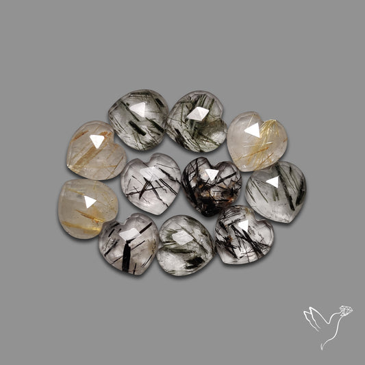 Rose Cut Black & Golden Rutilated Quartz Hearts Lot