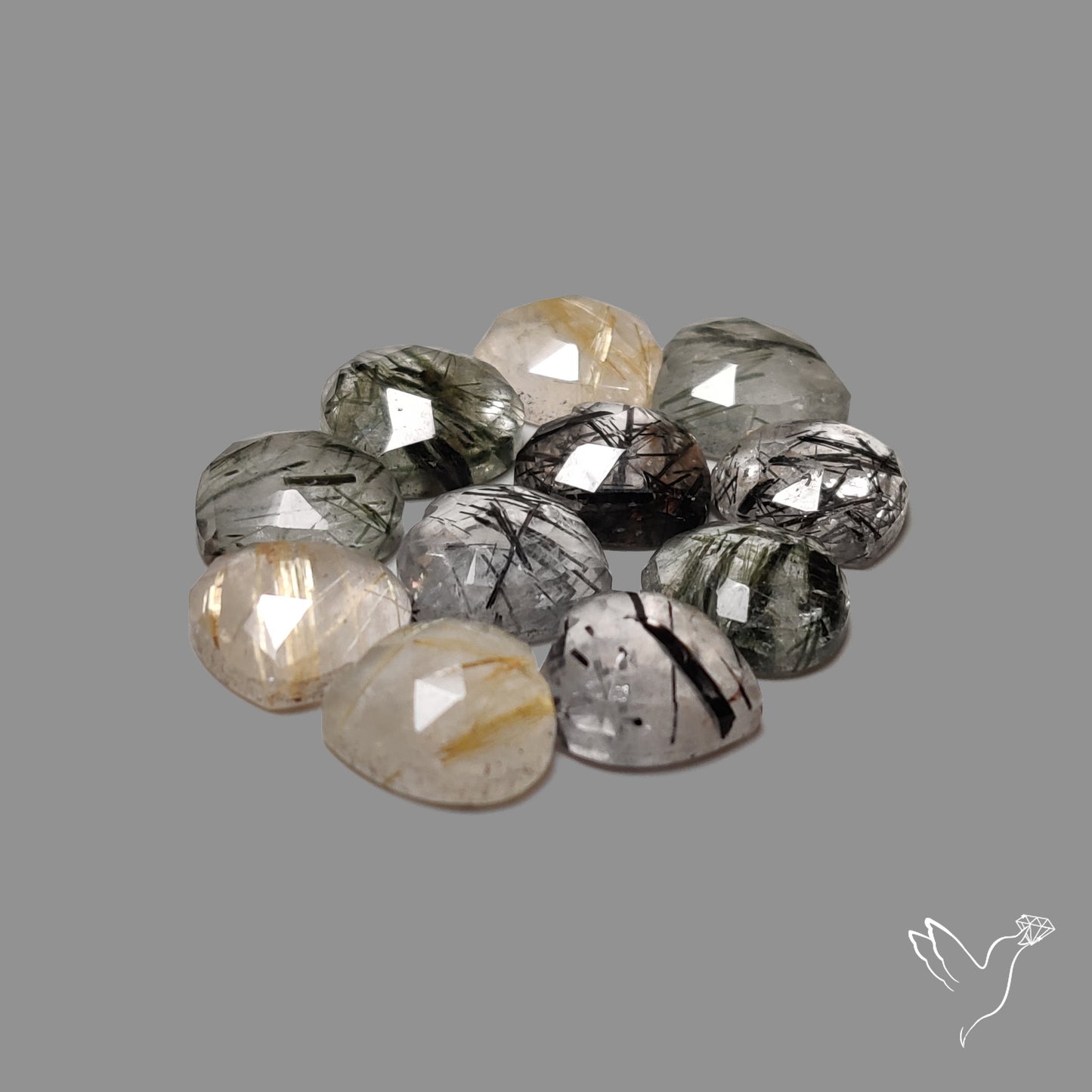 Rose Cut Black & Golden Rutilated Quartz Hearts Lot