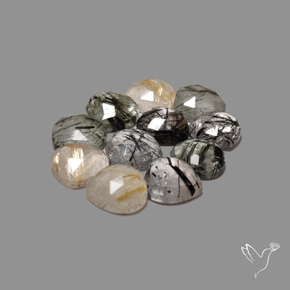 Rose Cut Black & Golden Rutilated Quartz Hearts Lot