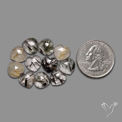 Rose Cut Black & Golden Rutilated Quartz Hearts Lot