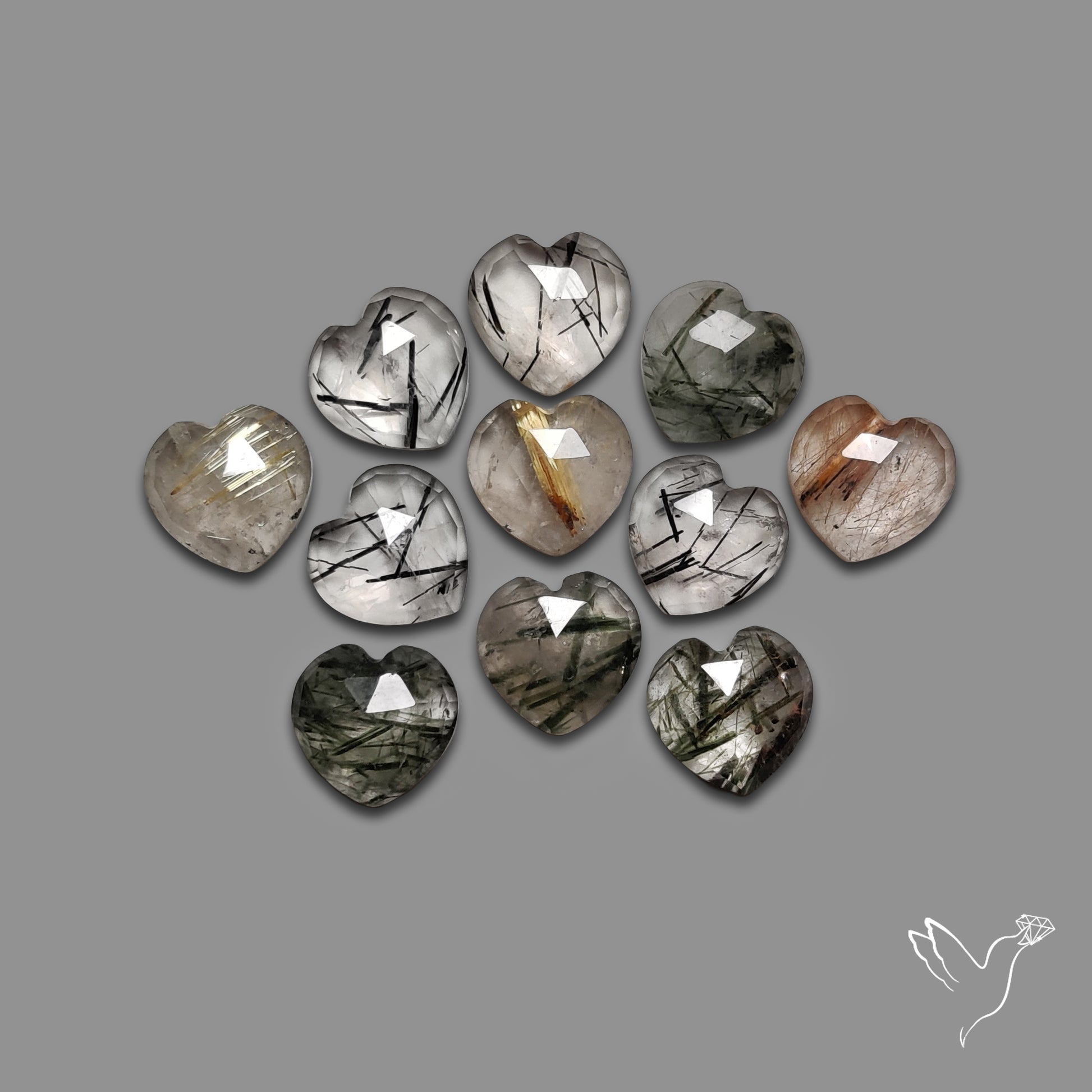 Rose Cut Black & Golden Rutilated Quartz Hearts Lot