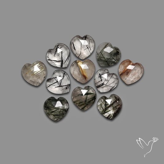 Rose Cut Black & Golden Rutilated Quartz Hearts Lot