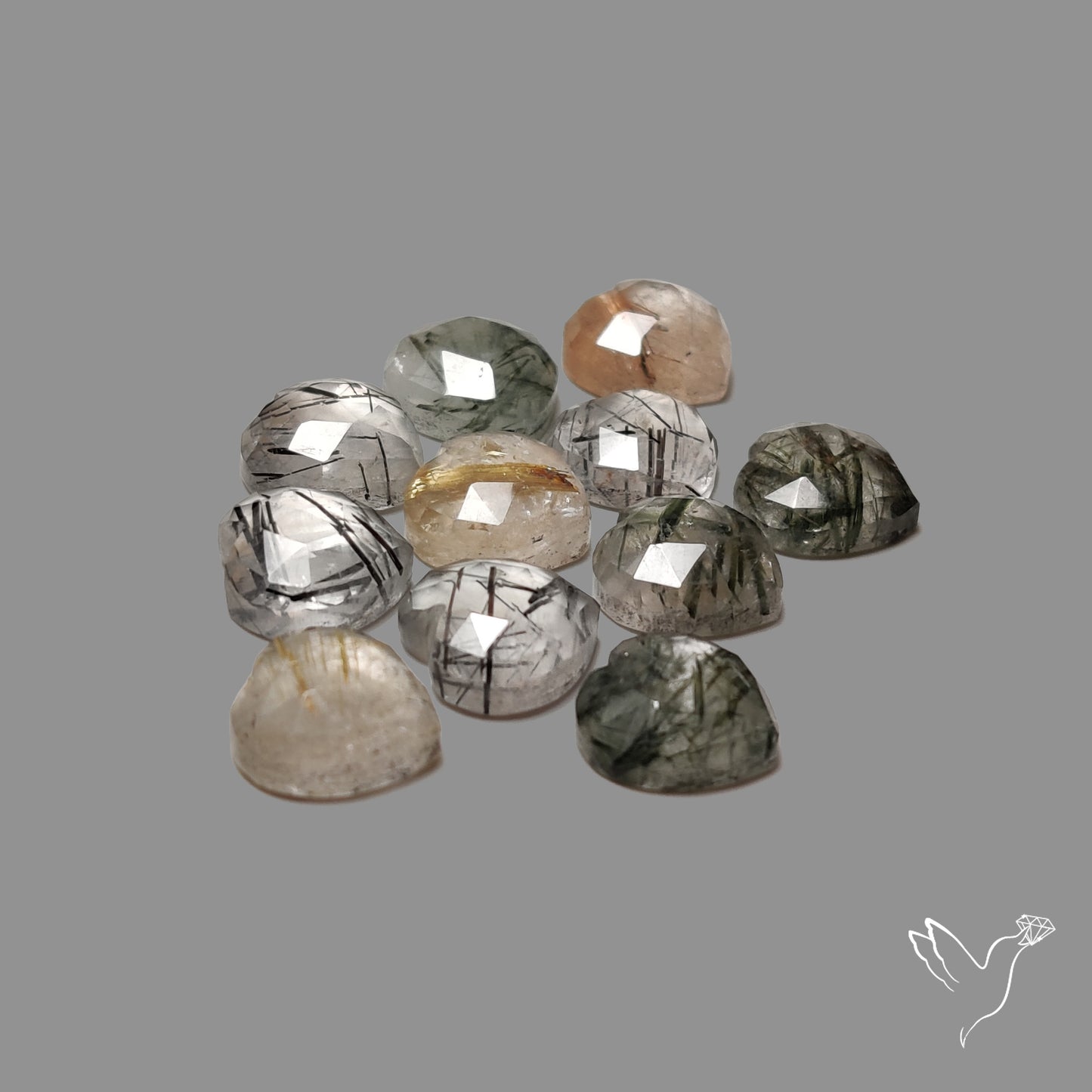 Rose Cut Black & Golden Rutilated Quartz Hearts Lot
