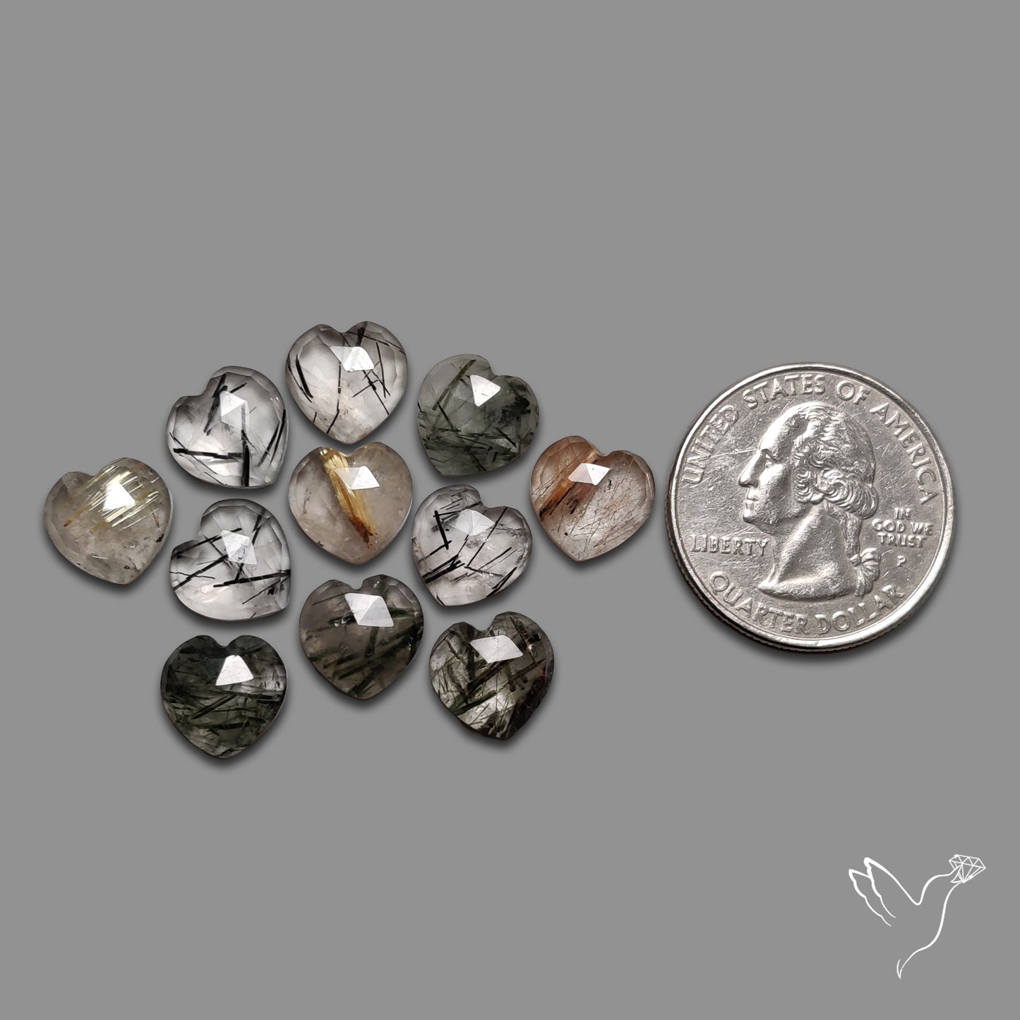 Rose Cut Black & Golden Rutilated Quartz Hearts Lot