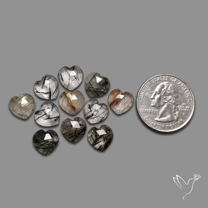 Rose Cut Black & Golden Rutilated Quartz Hearts Lot