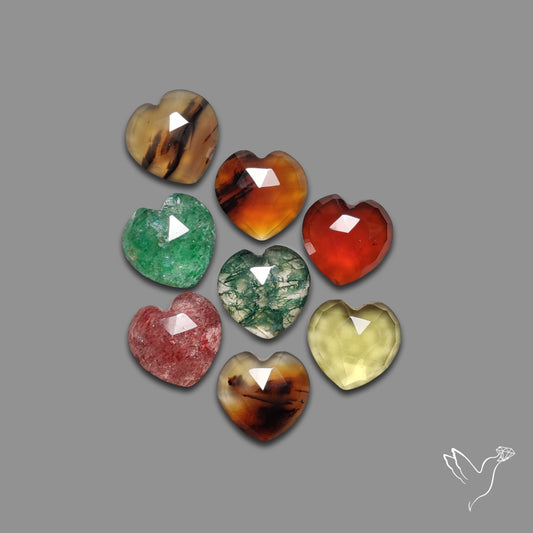 Rose Cut Mix Gemstone Hearts Lot (Montana Agate, Hessonite Garnet, Moss Agate, Lemon Quartz, Green Aventurine, Strawberry Quartz)