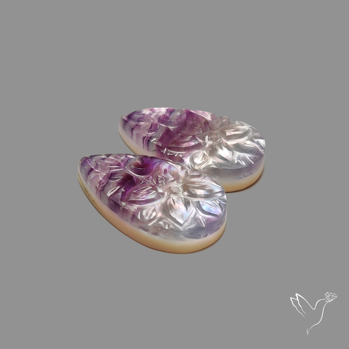 Mughal Carving Belgian Fluorite With Mother Of Pearl Doublets Pair