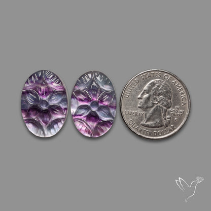Mughal Carving Belgian Fluorite With Mother Of Pearl Doublets Pair