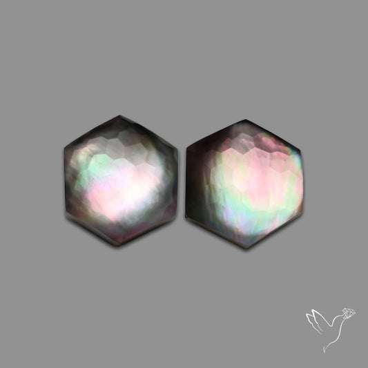 Honeycomb Tahitian Rainbow Mother Of Pearl Doublets Pair with Clear Quartz