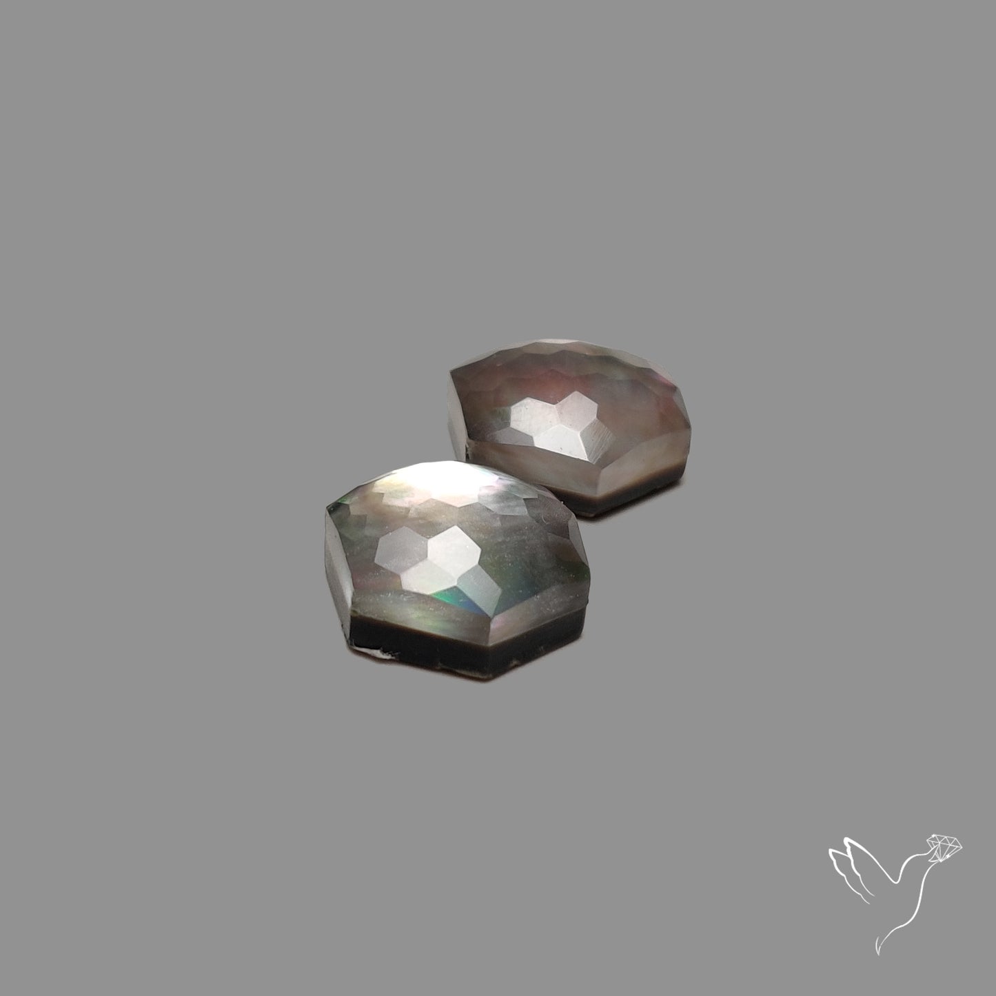 Honeycomb Tahitian Rainbow Mother Of Pearl Doublets Pair with Clear Quartz