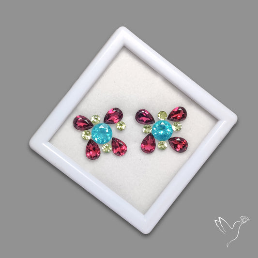 Faceted Neon Apatite, Rhodolite Garnet and Peridot Set Fine Gemstones