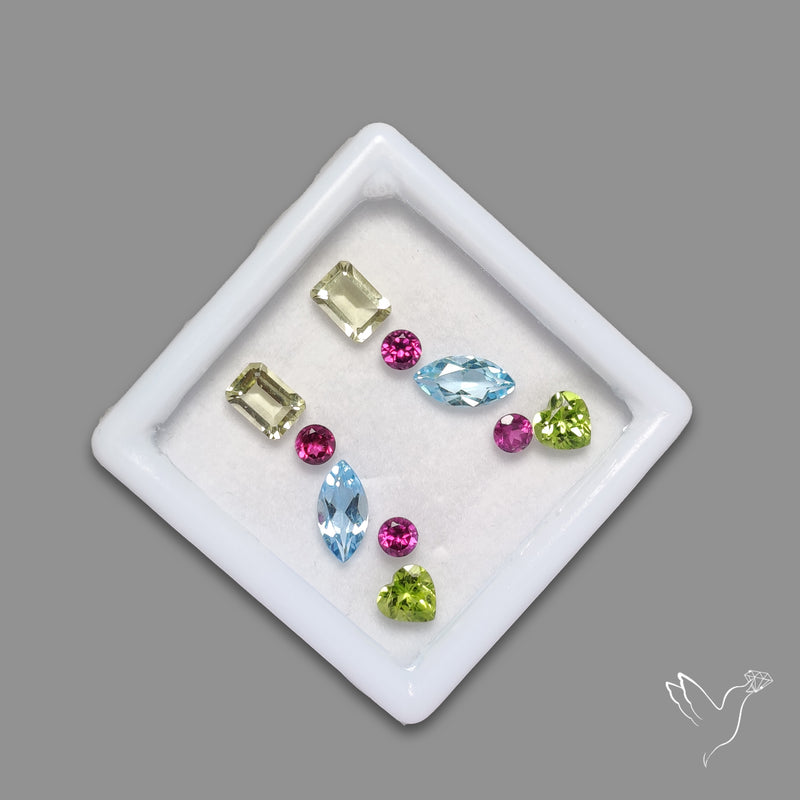 Faceted Blue Topaz, Peridot, Lemon Quartz and Rhodolite Garnet Set