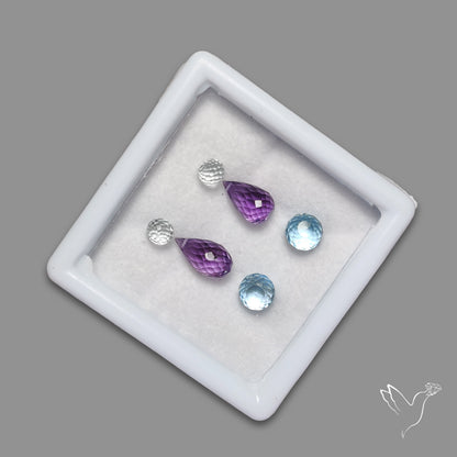 Faceted Topaz, Amethyst, Swiss Blue Topaz Set Beaded Drops