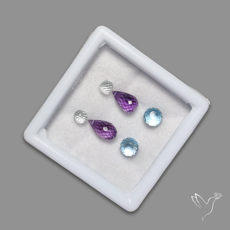Faceted Topaz, Amethyst, Swiss Blue Topaz Set Beaded Drops