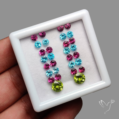 Faceted Rhodolite Garnets, Sky Blue Apatite, Peridots Set