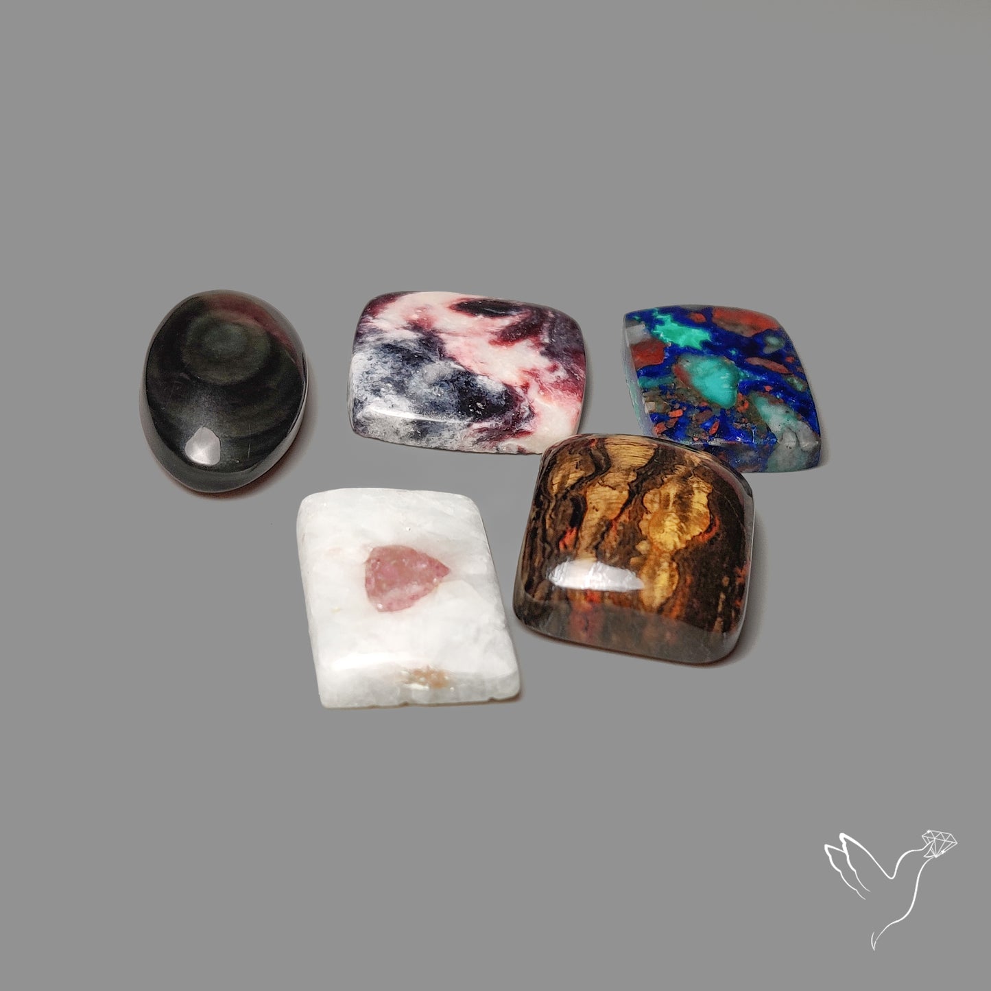 Obsidian, Tourmaline in quartz, Azurite Matrix, Tiger Eye Lot