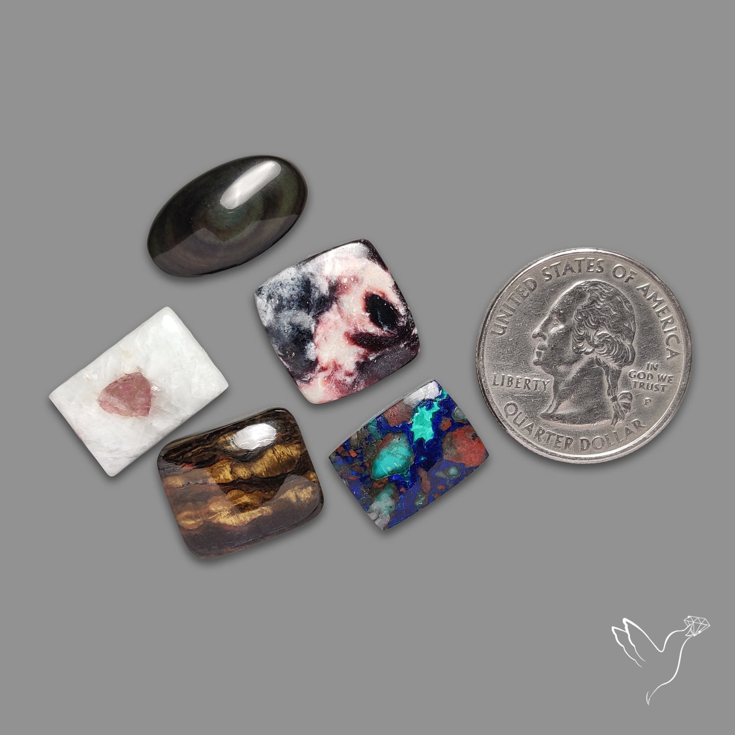 Obsidian, Tourmaline in quartz, Azurite Matrix, Tiger Eye Lot