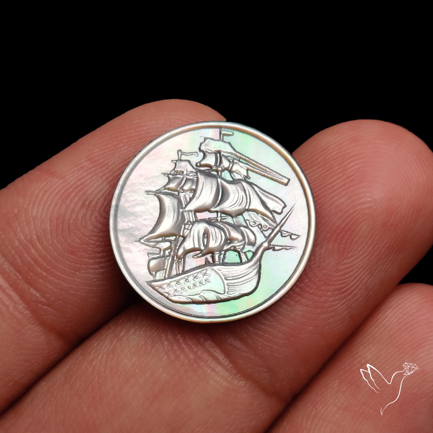 Tahitian Black Mother Of Pearl Voyage Ship Carving