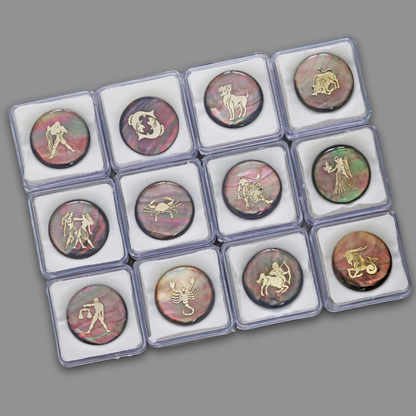 Gilded Zodiac Inlay on Tahitian Pink Rainbow Mother of Pearl with Resin 12 Pieces All Months