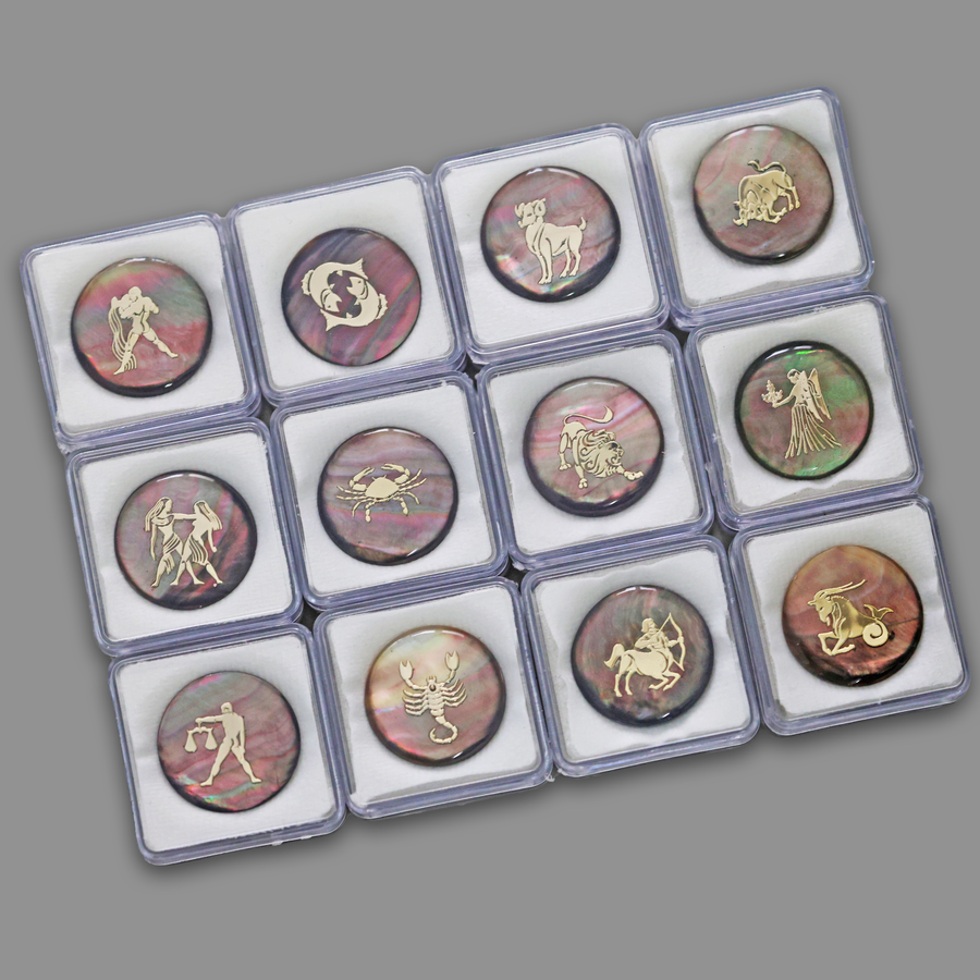 Gilded Zodiac Inlay on Tahitian Pink Rainbow Mother of Pearl with Resin 12 Pieces All Months