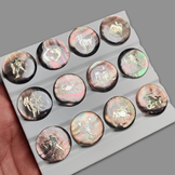 Gilded Zodiac Inlay on Tahitian Pink Rainbow Mother of Pearl with Resin 12 Pieces All Months