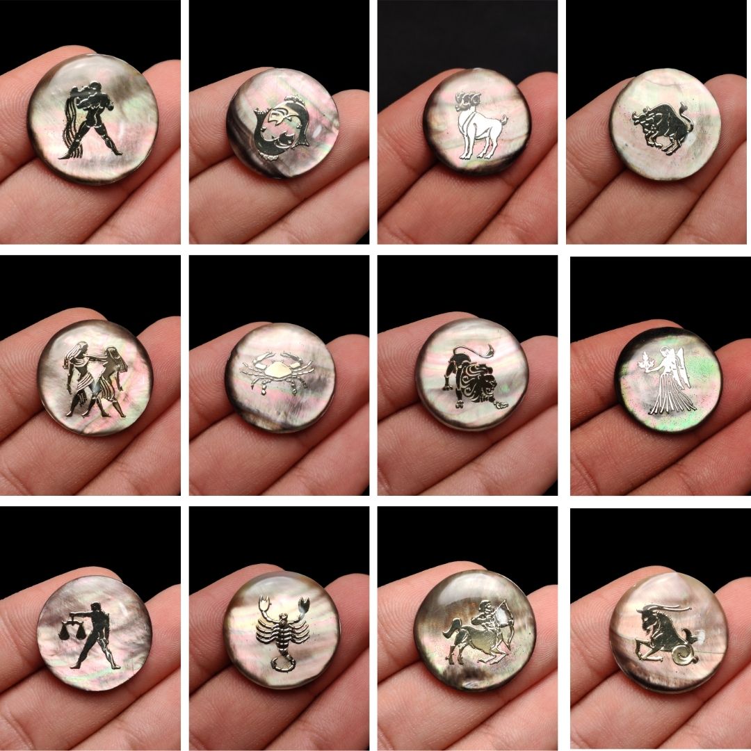 Gilded Zodiac Inlay on Tahitian Pink Rainbow Mother of Pearl with Resin 12 Pieces All Months