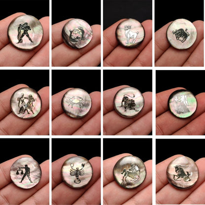 Gilded Zodiac Inlay on Tahitian Pink Rainbow Mother of Pearl with Resin 12 Pieces All Months