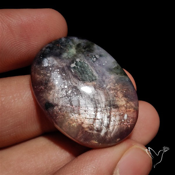 Bloodshot Iolite Sunstone Cabochon with Green Tourmaline Inclusion