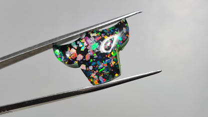 Crushed Aurora Opal Inlay With Himalayan Quartz Doublet Bull Face Carving