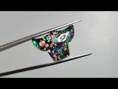 Crushed Aurora Opal Inlay With Himalayan Quartz Doublet Bull Face Carving